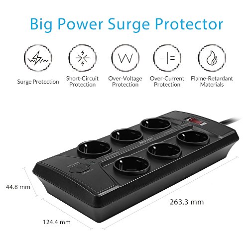 BESTEK 6 Fach schaltbare Steckdosenleiste mit USB(Smart IC), Steckerleiste Wandmontage hat 1500J Überspannungsschutz, 90 Grad gedreht, großer Buchsenabstand, Schwarz - 4