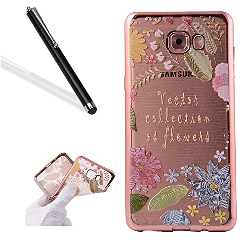 Galaxy J5 Prime Case Cover with Free Black Stylus Pen,Leeook Luxury Elegant Beautiful Lucky Leaf Flower Electroplate Plating Frame Crystal Soft Gel Silicone TPU Case Cover Bumper for Samsung Galaxy J5 Prime