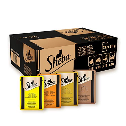 Sheba Mini Filets en gelée pour Chat Adulte - Nourriture Humide pour Chats - Sélection à la Volaille - Sachets Fraîcheur 72 x 85g