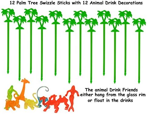 12x Green Palm Tree Cocktail Drink Stirrers, Swizzle Sticks with 6 Animal Tropical Drink Decorations