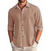 DEELMO Men's Casual Button Down Shirts Long Sleeve Linen Shirt Fashion Textured Beach Summer Shirt