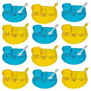 Kotak Sales Kids Children Fun Food Lunch Dinner Plate Glass Mug Bowl 2 in 1 Spoon Fork Set Food Grade BPA Free Material Boy Girl Return Gift for Kids Birthday Party (12 Sets)