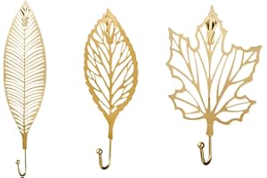 BYNYXI Ganci da parete vintage Shabby, set di 4 ganci in ferro da parete, senza foratura, stile vintage, a forma di foglia dorata, in metallo rustico, gancio decorativo