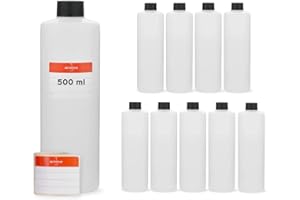 OCTOPUS Botellas de plástico de 10 x 500 ml, botellas de plástico de HDPE, botellas redondas con tapas roscadas o tapas roscadas negras, botellas vacías con un tamaño de rosca de 25 mm, incl. etiquetas