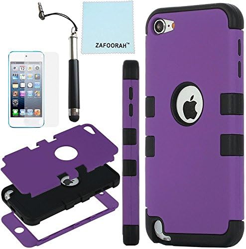 iPod Touch 5th 6th Generation Case, iPod Touch 5/6 Case Genuine ZAFOORAH Hybrid Shockproof Hard Defender 3 Layers with 3 Bonus items Stylus, Screen Protector, Microfiber Cloth (Double Clip - 3 Layers - Purple/Black)