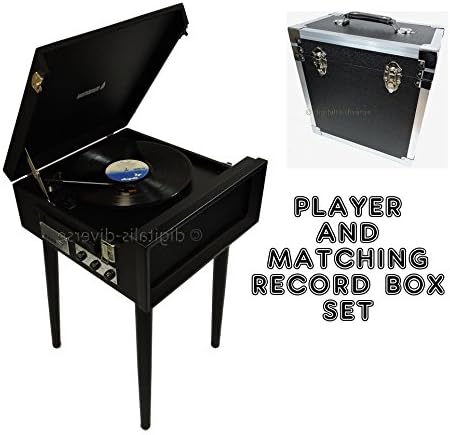 Record Player and Matching Record Storage Box 3 Speed Retro Turntable with Radio,mp3 Playback,Detachable Legs (Black)