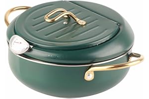 LIZEALUCKY Deep Fryer Pan Stainless Steel Tempura Frying Pot Japanese Style Fryer with Thermometer，Lid and Oil Drip Rack, for Induction Cooker,Deep Green