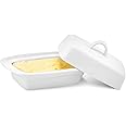 Ceramic Butter Dish with Lid Large | White Butter Container for Countertop 17.5L X 9W X 11.5H (cm) | Ceramic Butter Dishes with Handle | Butter Storage Container for Refrigerator with Lid