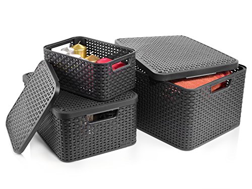 Curver Aufbewahrungsboxen ‚Style‘ im Rattan Design mit Deckel stapelbar | 3 Größen: L, M, S | Modernes Aufbewahrungsbox für Bad, Küche und Haushalt - 4