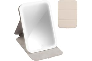 FOCENAT Travel Makeup Mirror Portable LED Light up Mirror 360° Lighted Vanity Mirror Touch Screen Make up Mirror with Light 3-Color Dimmable Lighting Rechargeable Tabletop Folding Cosmetic Mirror (Cream)