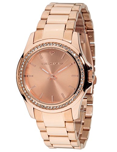 Yves Camani Damen-Armbanduhr Montpellier mit Edelstahl-Gehäuse und Armband. Klassische Quarz Damen-Uhr mit Steinbesetzer Lünette. (Rosegold)