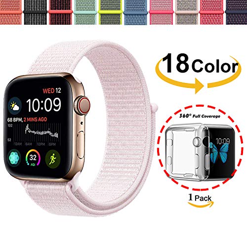 Chok Idea Watchband For Apple Watch Strap 44mm,With Full Cover Clear TPU Case,Nylon Sport Loop Replacment Band for iWatch Apple Watch Series 4,Nike+,Hermès,Pearl Pink