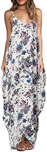 BAINASIQI Women's Summer Beach Dress Floral Pattern V-neck Sleeveless Boho Maxi Dress Cocktail Dress (blue, S)