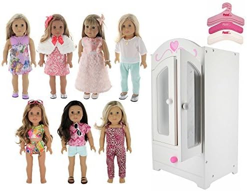 18 Inch Doll Dream Lot- Furniture Armoire Closet Storage, 7 Outfit Sets Fits American Girl Dolls, 10 Clothes hangers