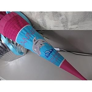#182 Delphin türkis-pink Delfin Schultüte Stoff + Papprohling + als Kissen verwendbar