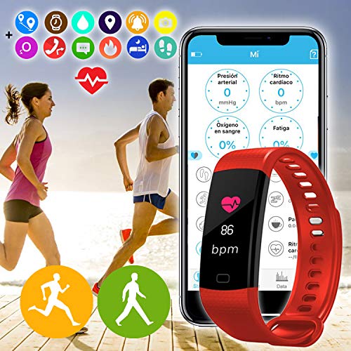 Pulsera de Actividad Inteligente Y5 con Pantalla táctil. Monitor de Frecuencia Cardíaca HR, Resistente al Agua con protección IP67, medidor de calorias y Pasos (Rojo)