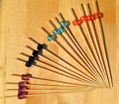 Cocktailspieße, Holz, mit Dekosteinen in 4 verschiedenen Farben, 12 cm, 100 Stück