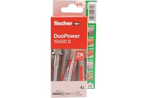 fischer - Duopower 10x50 Con Tornillo - 4U, Tacos para pared multimaterial, sirven para Colgar Bicicletas, Cuadros, Armarios, Soportes de Televisión, Estanterías, Muebles.