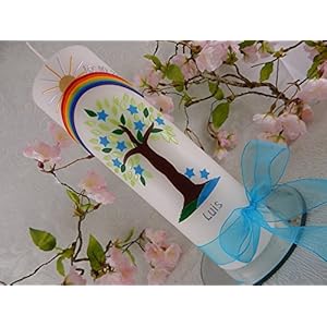 Taufkerze Wachs Baum braun grün blau mit Regenbogen und Sternen Taufkerzen für Jungen 250/70 mm inkl. Name