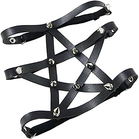 Women Elastic Adjustable Garter Belts Suspender Leather Harness One Clip Rivets Punk Leg Ring Gothic Club Party One Piece(Black)