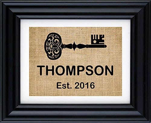 Housewarming Burlap Print, Personalized Key Sign with Family Name - New Home Burlap Wall Decor, New Home - House Warming Gift- with Key Sign - 1N (Frame not Included)