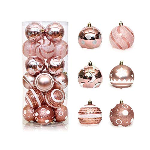 CWeep Shatterproof New 24ct 60mm Shatterproof Christmas Ornaments Ball, Decorative Hanging Christmas Baubles with Delicate Painting Glitters for Xmas Tree Home Office Decorations (Rose Gold)