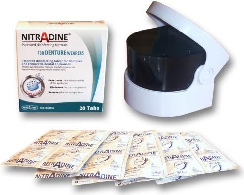 Nitradine Denture Seniors Tablets & Sonic Cleaner - 20 Tablets for Cleaning & Disinfecting 10 Weeks Supply (with 2 AA Batteries)