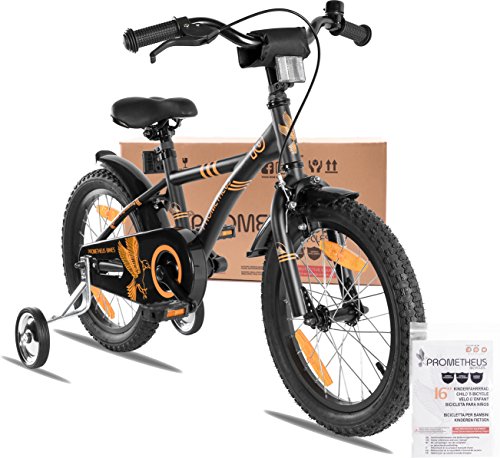 PROMETHEUS Kinderfahrrad 16 Zoll Jungen in Schwarz-Matt & Orange mit Metallic Stützrädern | Seitenzugbremse und Rücktrittbremse | ab 5 Jahren | 16“ BMX Edition 2017 - 2