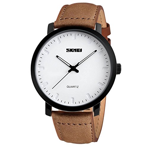 Reloj de cuarzo analógico, impermeable (sumergible a 30 m), con correa de piel, exclusivo, elegante e informal, sencillo, para hombre, de color blanco
