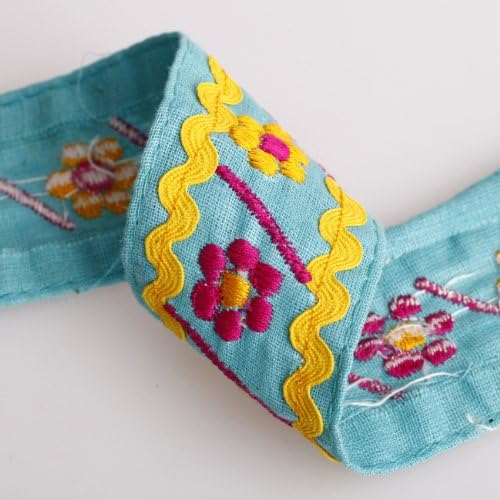 NEOTRIMSAmerican Patchwork Quilt Style Embroidery & Rick Rack Ribbon Trimming Border on a pure Cotton base, by the Yard, Beautiful Bright Fun colour combinations for Home Décor and Crafts - Aqua Mint - 1 Meter