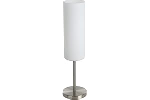 Eglo Lampada da tavolo Troy 3, lampada da tavolo uno punto luce, lampada da comodino in acciaio, nichel opaco, satinato, bianco, E27, interruttore incl