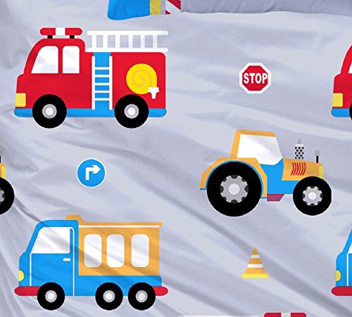 Aminata Kids – bunte Kinderbettwäsche Bettwäsche Kinder 100×135 Jungen Baumwolle Feuerwehrauto Fahrzeuge Automotiv Auto LKW Reißverschluss RV Kleinkinder Autos Jungs-Motiv - 4