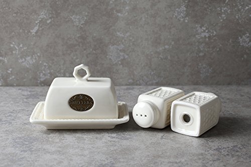 Salzstreuer Pfefferstreuer Kleine Butterdose Porzellan 3er Set Handgemacht weiß Keramik Vintage Geschenk - 5