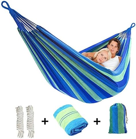 Double Camping Hammock Lightweight Portable Outdoor Hammock, Parachute nylon Swing Canvas Hang Bed Two Person Hammock For Backpacking Camping Travel Beach Garden Yard (Blue)