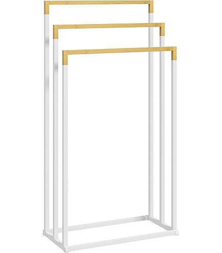 Portasciugamani Da Terra VASAGLE A 3 Aste Con Ripiano - 100 Cm, Bianco E Beige, Per Bagno E Soggiorno - 13