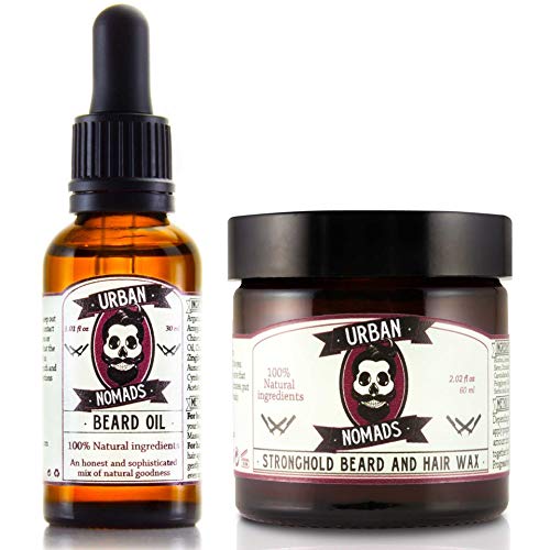 Baume & Cire [Fixation Forte] + Huile pour Barbe - Urban Nomads | Entretien & Soin Anti-Bactérien pour Barbe, Moustache, Cheveux | 100% Bio | Jojoba, Carotènes, Bergamote, Agrumes, Huiles Essentielles