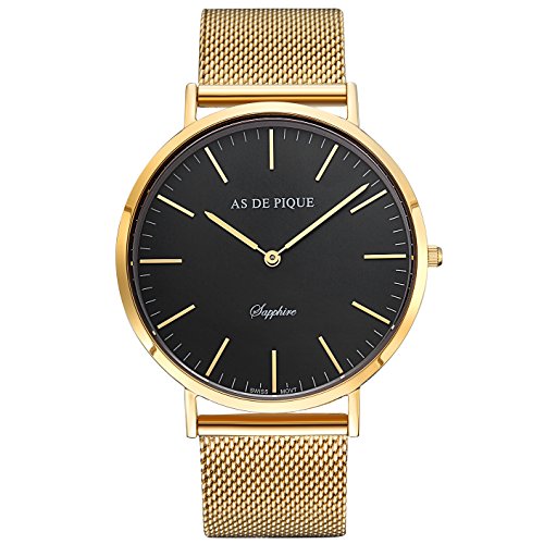 AS DE PIQUE Classic Luxus Armbanduhr schweizer Uhrwerk kratzfestes Saphirglas Mesharmband gold AS DE PIQUE Classic Luxus Armbanduhr schweizer Uhrwerk kratzfestes Saphirglas Mesharmband gold