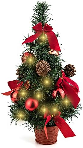 EFORINK Artificial Mini 16 inch Christmas Tree with Christmas Decoration Balls Desk Table Decor Christmas Party Decoration Red
