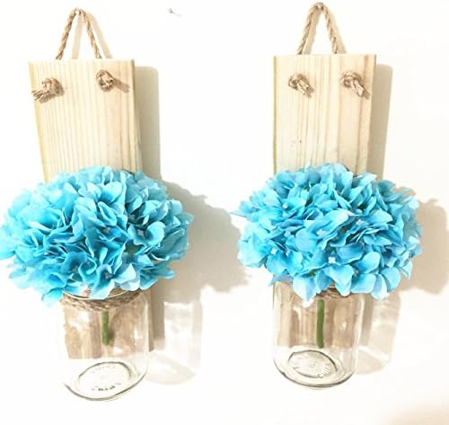 loveyourlife Natural Wood Mason Jar Wall Sconce with Hydrangeas, Rustic Wedding Gift, Shabby Chic Mason Jar Candle Holders (With Blue Flower)