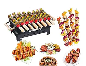 Wellberg Barbeque Grill Charcoal Barbeque with 6 Skewers with Wooden Handle, Charcoal Grill (Yellow)