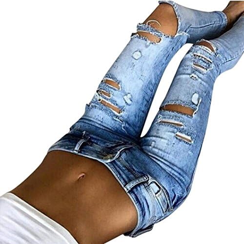 Clearance Sunday77 Sexy Women Casual Slim Skinny Mid Waist Jeans Denim Long Pants Jeans Slim Trousers with Hole (L, Blue)