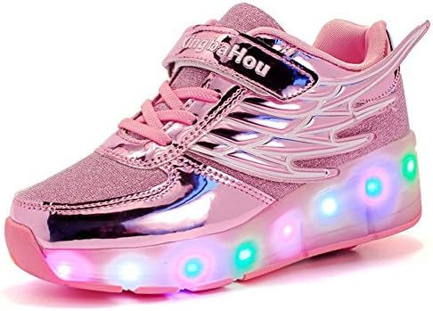 Meurry Unisex Kids Retractable Single Roller Skate Shoes LED Light Up Sneakers(38 EU, Pink)