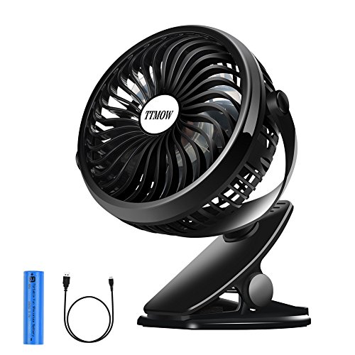 TTMOW USB angetriebener Klipp-Ventilator, beweglicher Schreibtisch-Ventilator, ruhiger Betrieb Kühlventilator für Hauptbüro, mit 1800mah 18650 nachladbare Batterie, Schwarz