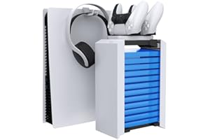 Redlution PS5 Games Charger Storage Tower, Playstation 5 Controller Dual Charging Dock Station & Multifunctional Vertical Stand for Dual Sense