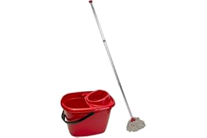 Abbey Professional Mop and Bucket Set Heavy Duty with Wringer and Two Traditional Cotton Mop Heads for Cleaning Floors – Strong Aluminum Mop Handles – Mop Bucket Capacity 12L with Pouring Lip (Red)