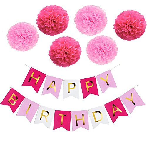 Happy Birthday Girlande Geburtstag Deko Set, Rosa Happy Birthday Banner und 6 Pcs Pompoms