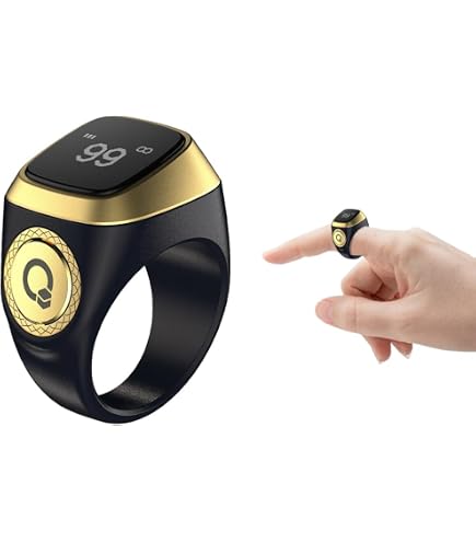 Bague Intelligente IQibla Smart Zikr - Compteur De Prière - 5 Alertes Temps - Vibration - Étanche (Noir, 22mm)