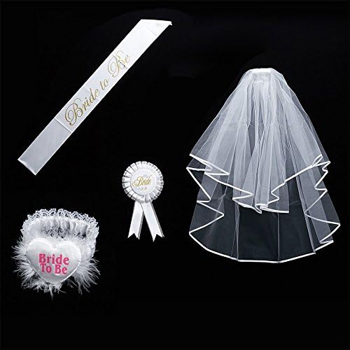 DoTech 4 Pcs Bachelorette Party Set, Bride to Be Sash and Bridal Veil with Comb Garter Rosette Badge Accessory kit for Hen Night Bachelorette Party Wedding Decorations (Bachelorette Party Set)
