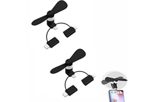 RAKIUTY Mini Mobile Phone Fan, 3-in-1 Mobile Phone Fan, 2 Pieces Mini Mobile Phone Fan, Portable USB Fan, Compatible with iPhone/Micro USB/Type C/Lightning Port (Black)
