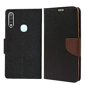 Evett Vivo Y19 Premium Mercury Flip Cover Shock Proof Magnetic Clip | Inner TPU|Foldable Stand|Wallet Card Slots|360 Degree Protection for Vivo Y19-Black/Brown
